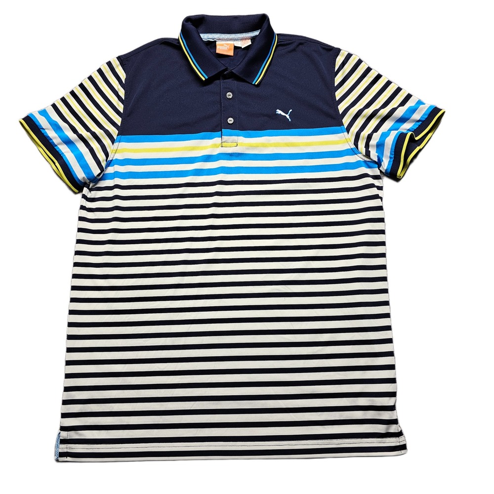 Puma Polo Shirt Mens XL Multi Striped Dry Cell Embroidered Logo Short Sleeve - Picture 1 of 12